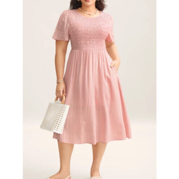 BLOOMCHIC 14-16 1X Plus Cotton Textured Shirred Bodice Pleated Midi Dress B81 - Picture 1 of 8